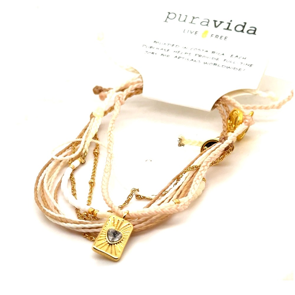 Pura Vida Heart Sunburst Charm Bracelet Set Gold Cream Peach Multi-Strand New